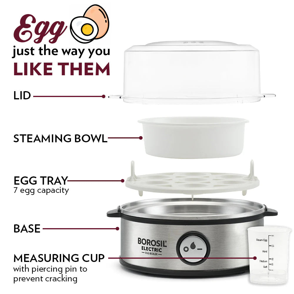 BOROSIL Electric Egg Boiler 360W | 7-Egg Automatic Egg Cooker with Auto Shut-Off | Soft, Medium & Hard Boiled Eggs | Stainless Steel