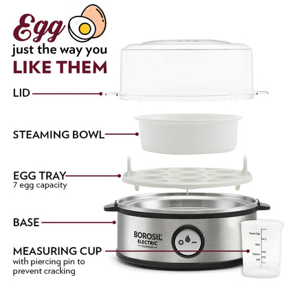 BOROSIL Electric Egg Boiler 360W | 7-Egg Automatic Egg Cooker with Auto Shut-Off | Soft, Medium & Hard Boiled Eggs | Stainless Steel